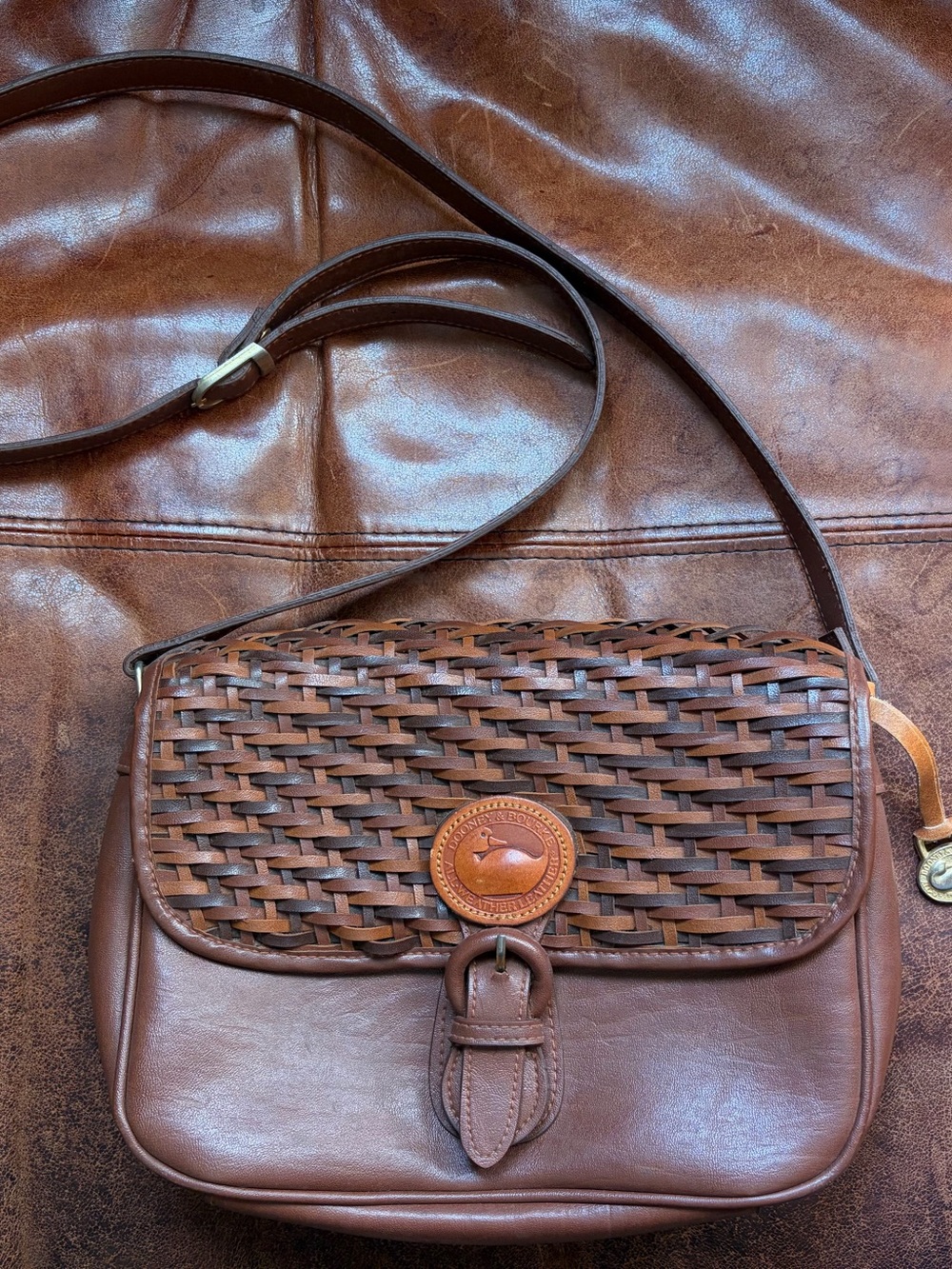 Vintage Dooney & Bourke All Weather Leather Basket Weave Flap Crossbody Bag